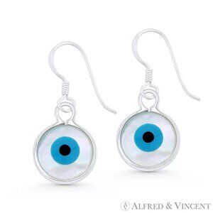 Mother-of-Pearl Evil Eye Luck Charm Dangling Earrings in .925 Sterling Silver